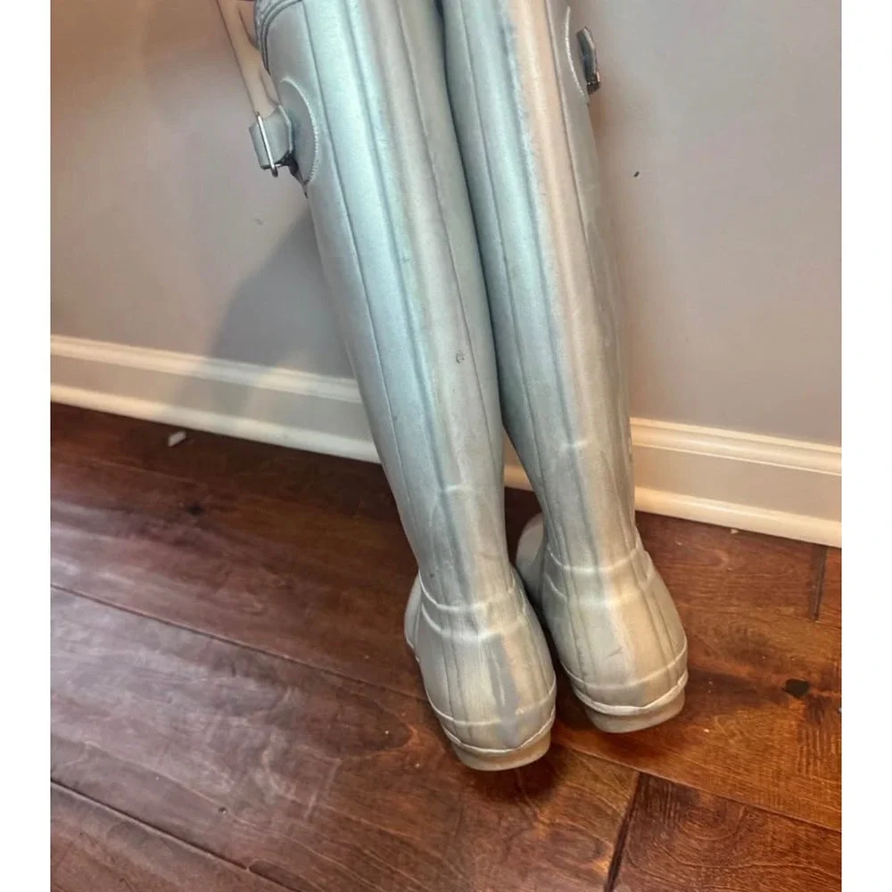 Hunter Original Tall Metallic Silver Rain Boots Womens 7 W23499 Waterproof